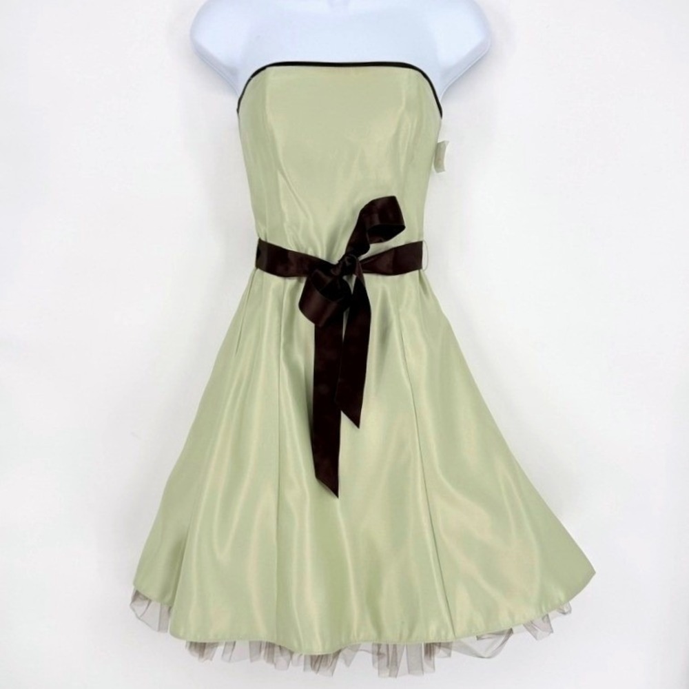 Jessica McClintock Gunne Sax Sage Green Satin Strapless Dress Brown Sash 3 Y2K - Picture 1 of 13